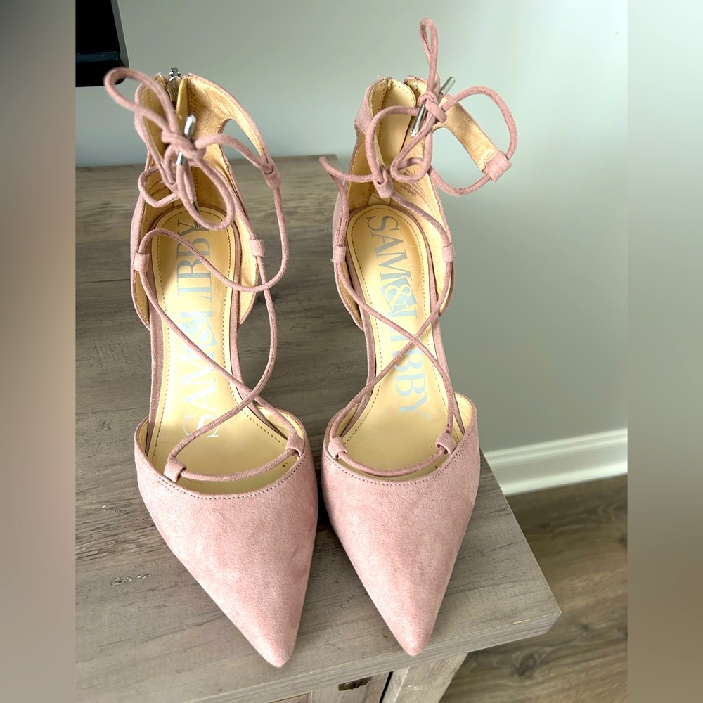 Sam & Libby Blush Mauve Heels with Ankle Tie and Zip Back Size 7